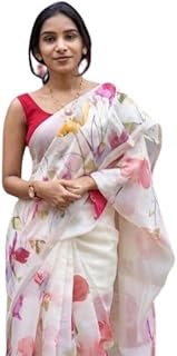 Women's Digital Floral Print Original Plain Linen Casual Saree With Blouse Piece (Main)