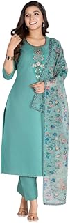 Women's Cotton Kurti Set with Pant and Dupatta ? 3 Piece Set, 3/4 Sleeve Ethnic Wear for Daily & Festive Use