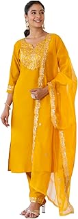 Women's Embroidered Silk Blend Straight Kurta Trouser with Dupatta Set | Calf Length Ethnic Casual Kurti Set