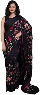 Bengal looms India Parsi Cross Stitch Work Designer Italian Crepe Silk Saree