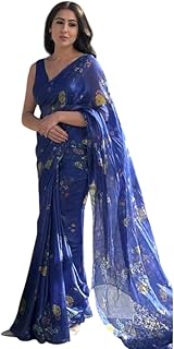 Women New Cotton Linen Floral Printed Zari Boarder Royal Blue Saree With Unstitched Blouse Piece