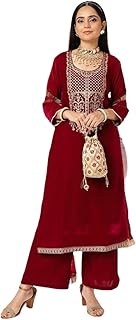 Women Burgundy Velvet Embroidered Straight Kurta with Velvet Bottom and Dupatta – Elegant Ethnic Wear for Special Occasions