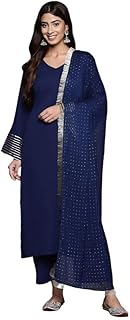 Women Navy Blue Solid V-Neck Embellished with Gota Straight Kurta Paired with Tonal Bottom and Dupatta – Elegant Ethnic Wear for Women, Perfect for Festive & Special Occasions