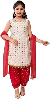 Girls Ethnic Wear White Colour Thread Mirror Embroidery With Lace Border Georgette Kurti Patiala Set