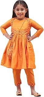 Girls' Handcrafted Anarkali Suit Set – Knee-Length Kurta with Stand Collar, Straight Pant & Potli Bag