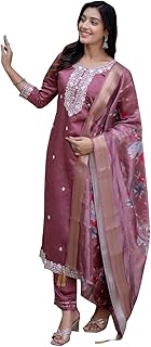 Women’s Viscose Roman Silk Embroidery Straight Kurta Pant with Dupatta Set | Ethnic Casual Kurti Set
