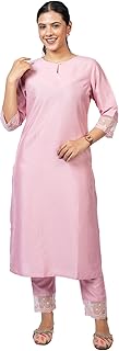 Women's Kurta Set, Kurta with Lace Detailing & Straight Pants, Ethnic Wear for Festive & Daily Use (Pink)