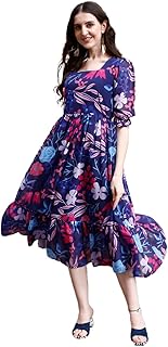 Women's Georgette Floral Printed Indo-Western Ethnic Gown || Half Sleeve V Neck Fit & Flare Flared Hem Design || A-Line Maxi Dress Casual Wear