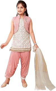 Girls Ethnic Wear White-Peach Colour Sequin Embroidery Lace Work Silk Kurti Patiala With Jacket