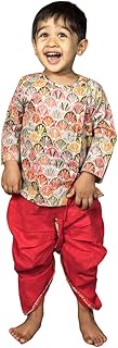 Boy’s Cotton Full Sleeve Angrakha Kurta with Dhoti Set for Baby Kid, Traditional Ethnic Wear for Kids, Printed Dhoti Kurta Set with Round Neck for Boy’s