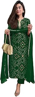 Women's Rayon Viscose Straight Bandhej Printed Kurta with Pant & Dupatta