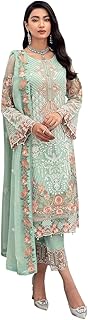 Women's Pista Faux Georgette Semi Stitched Top With Unstitched Santoon Bottom and Nazmin Dupatta Embroidered Straight Top Dress Material (Pakistani Salwar Suit) (ME-1096-Pista)