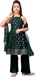 Girls Ethnic Wear Green Colour Sequin Embroidery Georgette Kurta Sharara Set With Dupatta