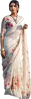 Women's Printed Linen Cotton Saree With Unstitched Blouse Piece (ST ChuiMui White_White_Free Size)