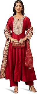 Women's Embroidered Anarkali Kurta Pant Set with Organza Dupatta | Viscose,Rayon | A-line fit