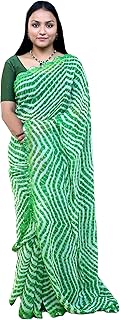 Georgette Saree, Pink Striped Pattern with Mirror Border, Scallop Cut Work and Blouse