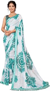 Women's Saree Weightless Georgette Saree Satin Printed Saree Hot Fix Swarovski Lace Saree Saree with Tassels Unstitched Blouse Material Saree