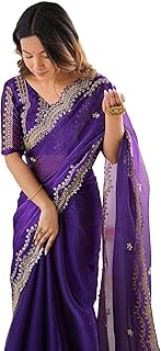 Women's Shimmer Chiffon Sequence Embroidery Scalloped Border Saree With Unstitched Blouse Piece