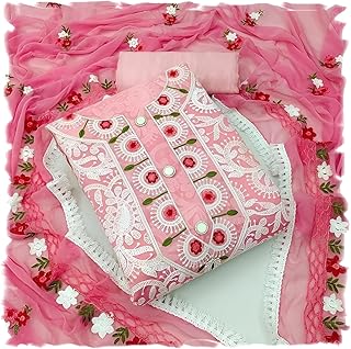 Women's Heavy Chanderi Cotton Embroidery Work Unstitched Salwar Suit Dress Material With Nazmin Work Dupatta (Free Size)