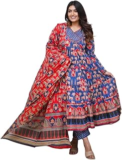 Women's Rayon Anarkali Printed V- Neck Kurta with Palazzo & Dupatta | Ethnic Set | Dupatta Set | Suit Set | Kurta and Pant Set