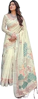 Women's Cotton Linen Printed Saree with Unstitched Blouse Piece