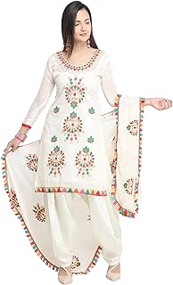 Women's Chanderi Cotton Embroidered Unstitched Salwar Suit Dress Material with Pompom Lace Work