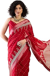 Women's Red Cotton Linen Bagru Printed Ready To Wear one Minute Saree With Unstitched Blouse (RTWKHNA83004_AS)