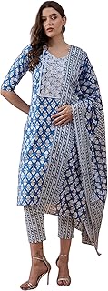 Blend Block Print Cotton Kurta Pant Set with Dupatta for Women