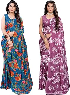 Women's Georgette Printed Saree With Unstitched Blouse Piece Combo Pack Of 2