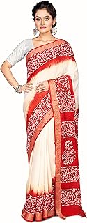 Women Handloom Pure Cotton Linen Batik Sarees For Women Bhagalpur Cotton Linen Saree With Blouse Piece (Red And White)