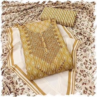 Women's Designer Cotton Batik Printed Unstitched Salwar Suit Dress Material With Cotton Print Dupatta (Free Size_Multi Color) (Mustered)