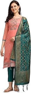 Women's Chanderi Cotton Hand Embroidered Work Unstitched Salwar Suit Material With Banarasi Dupatta