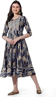 Women's Cotton Relaxed Fit A Line Sequins Embroidery Work Foil Printed A-Line Kurti Only