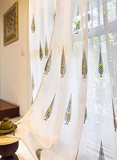 Tranquebar Curtain Co. Window Curtain - 20-30% Light Filtering, Linen Textured Sheer Fabric, 152 cm (5 Feet), Yellow Ethnic Bird Motif, Set of 2, BackTab, Tori- Window Curtains 5 Feet, Living Room