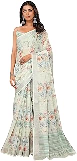 Women's Linen Blend Floral Printed Saree with Blouse Piece