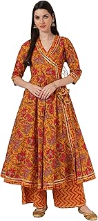 Breathable Cotton Floral Printed Angrakha Kurta Set With Palazzo for Women