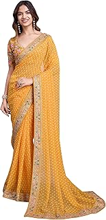 Bandhani Printed Georgette Saree With Embroidered Lace Border | Ethnic Wear | Saree with Unstitched Blouse Piece | Wedding & Festive Occasions