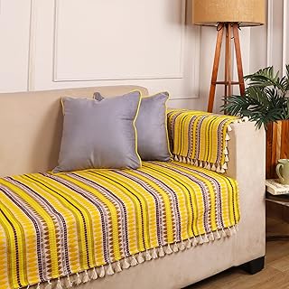 STITCHNEST Woven Jacquard Full Coverage Sofa Cover for 2 Seater (48 x 30 Inches) – Multicolor Cotton Fabric with Tassels | Ethnic Striped Design | Washable Sofa Cover for Living Room Décor