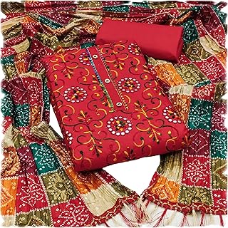 Women's Poly Cotton Embroidery Work Unstitched Salwar Suit Dress Material With Bandhej/Bandhani Print Dupatta (Free Size)