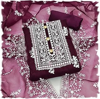 Cotton Women's Organza Embroidered Unstitched Salwar Suit Dress Material With Embroidery Work Dupatta (Dm Humtum_Free Size)